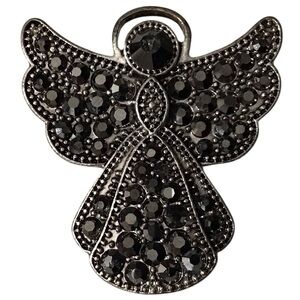 Angel Brooch Silver Tone Black Rhinestones Costume Fashion Jewelry